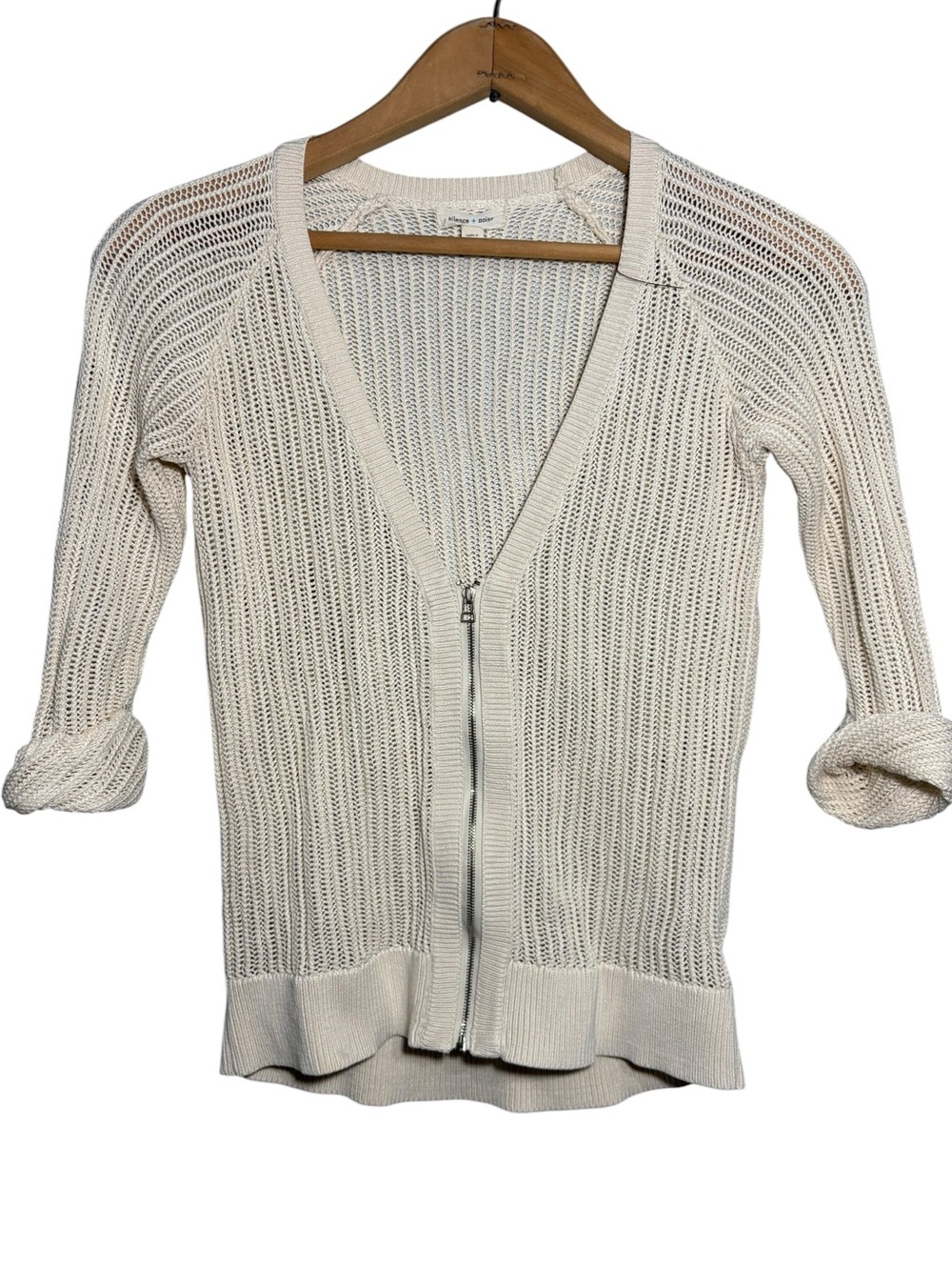 SILENCE + NOISE | Beige V-Neck Zip-Front 3/4-Sleeve Cardigan Sweater size Small